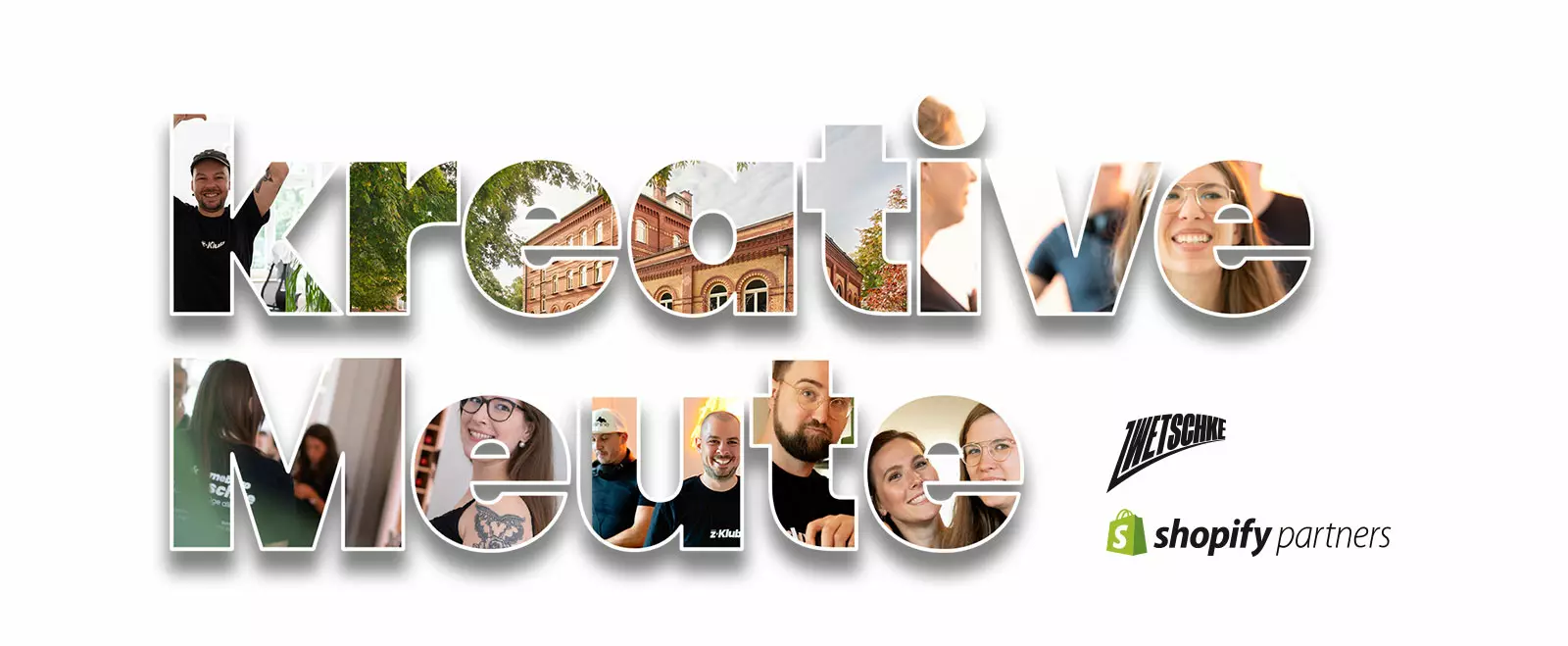 Collage „kreative Meute“ aus Teamfotos von zwetschke, daneben die Logos von zwetschke und Shopify Partners