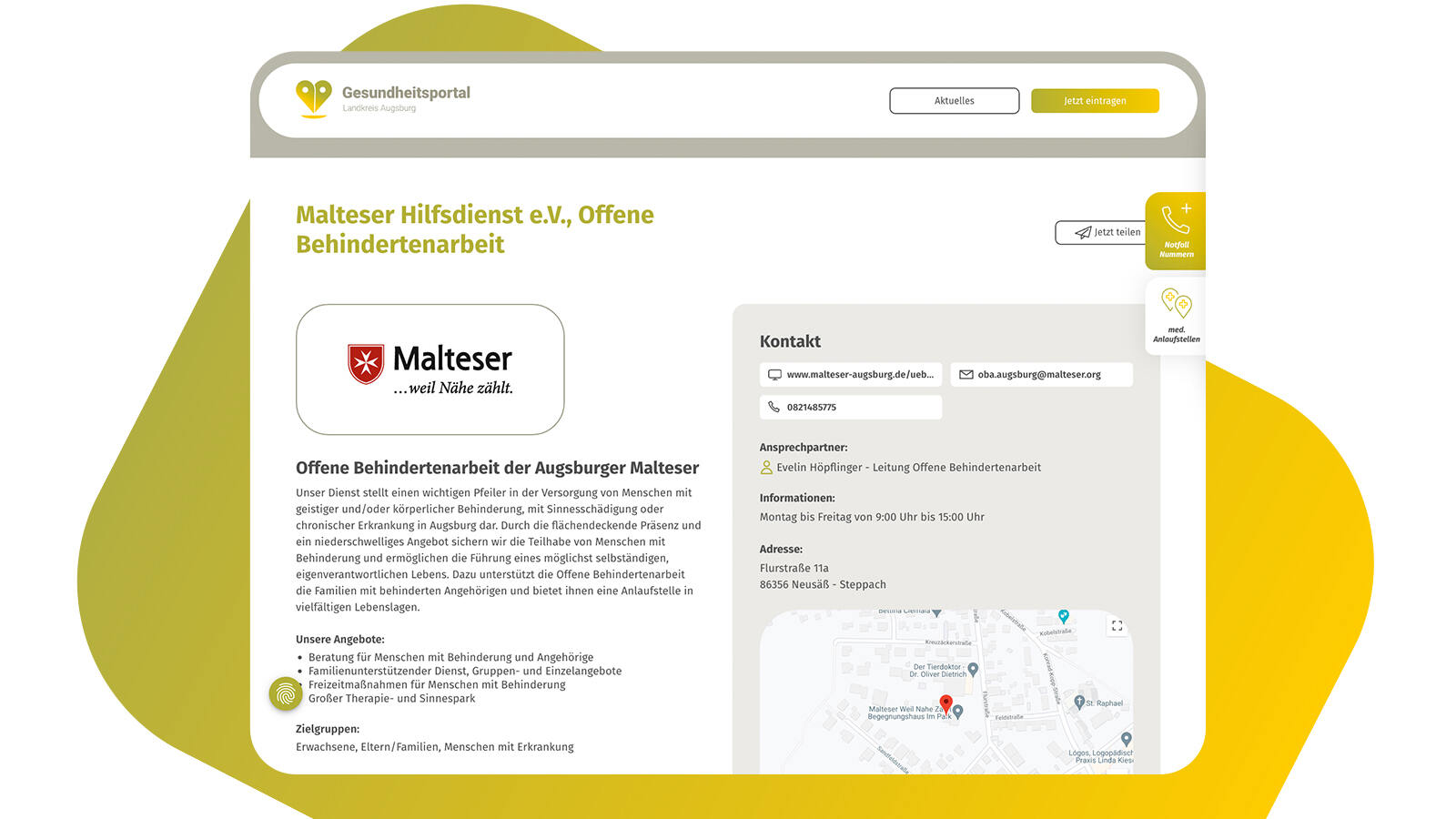 Die Gesundheitsdienstleister präsentieren ihr Angebot jeweils auf einer eigenen Unterseite kostenlos.