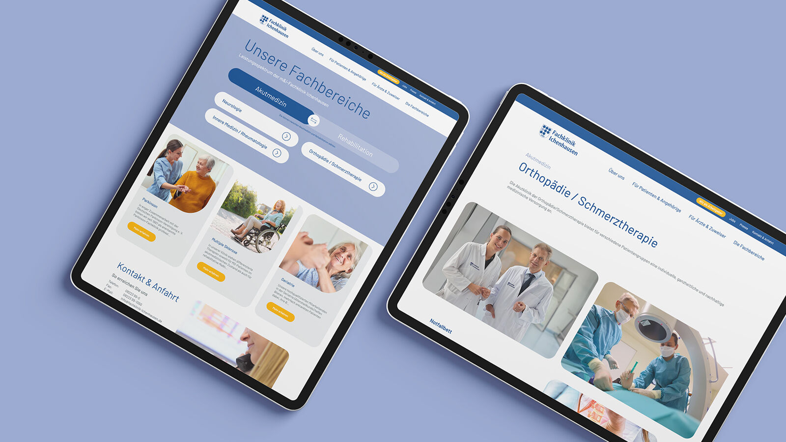 Zwei Tablets zeigen die Website der m&i-Fachklinik Ichenhausen mit Fachbereichen und Orthopädie.