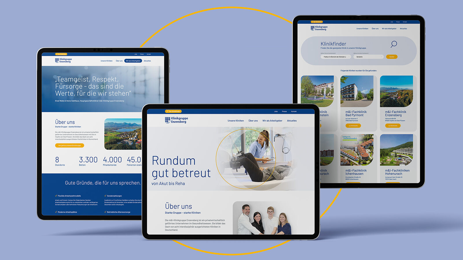 Drei Tablets zeigen die Website der m&i-Klinikgruppe Enzensberg mit Startseite, Arbeitgeberseite und Klinikfinder.