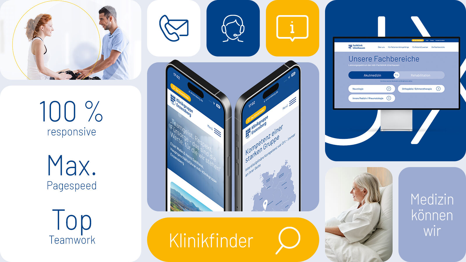 Collage aus Bildschirmansichten der Enzensberg-Websites mit den Stichworten „100 % responsive“ und „Klinikfinder“.