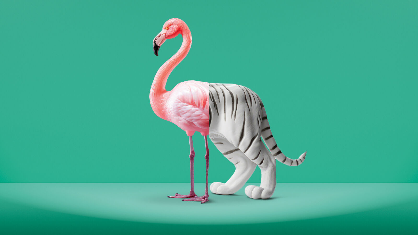 beko Maxbond PEPP: Flamingo-Vorderteil und Tiger-Hinterteil nahtlos zu einem Tier verklebt.