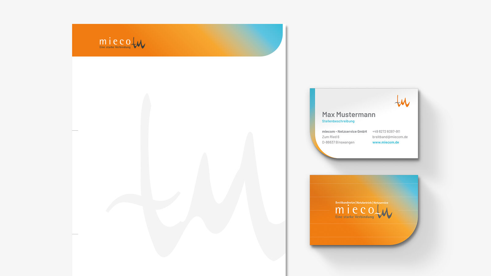 miecom-Netzservice – Neue Markenfarben, ein unverwechselbarer Farbverlauf und einseitig abgerundete Flächen machen das Corporate Design aus.