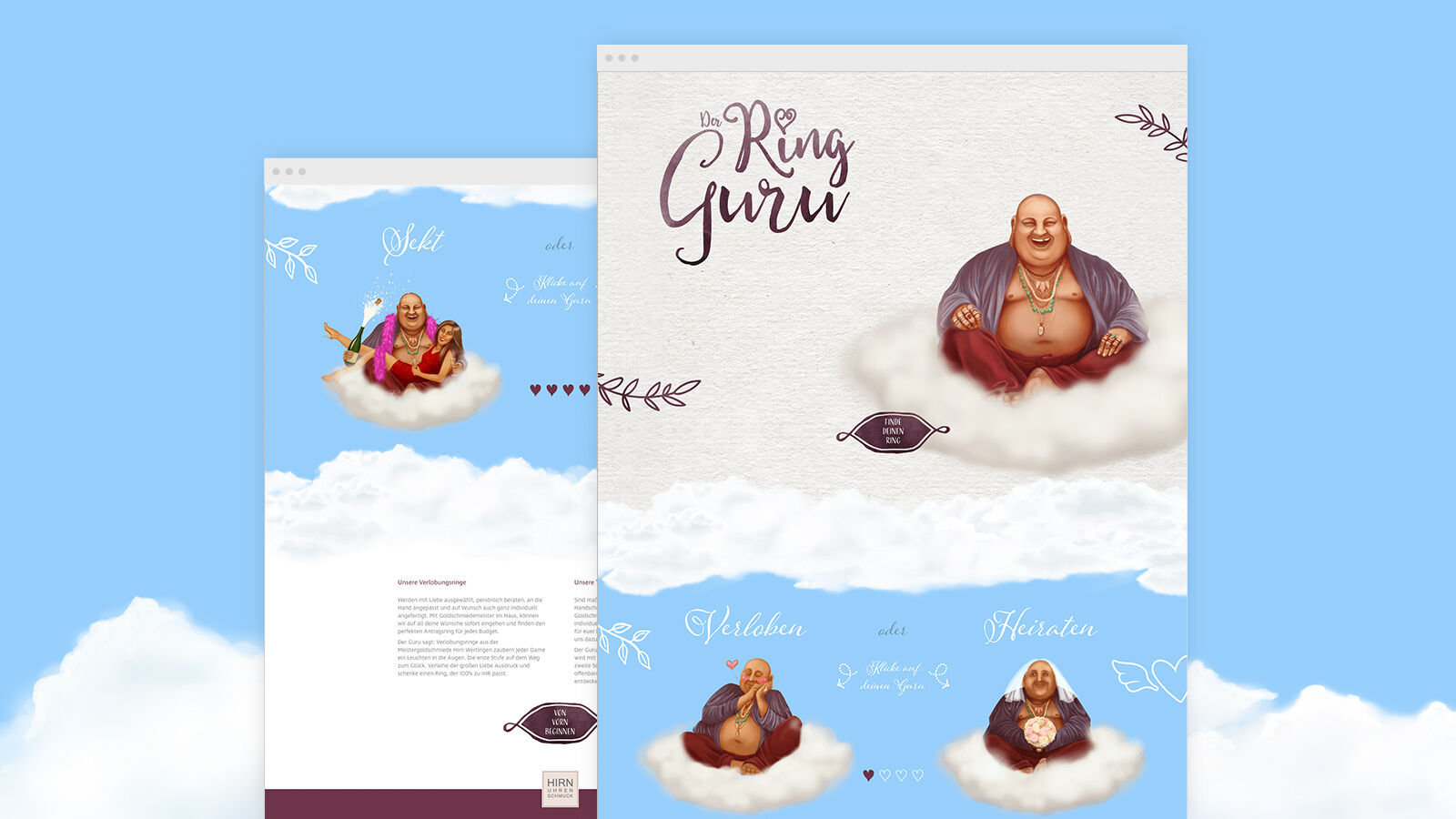 Zwei Ansichten der Ring-Guru-Website: der illustrierte Guru sitzt lachend auf einer Wolke vor blauem Himmel.