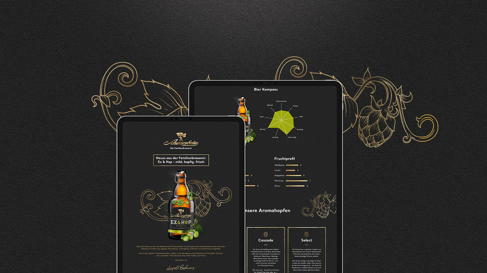 Zwei Tablets zeigen die Ex-&-Hop-Website mit Bierkompass, Fruchtprofil und den Aromahopfen.