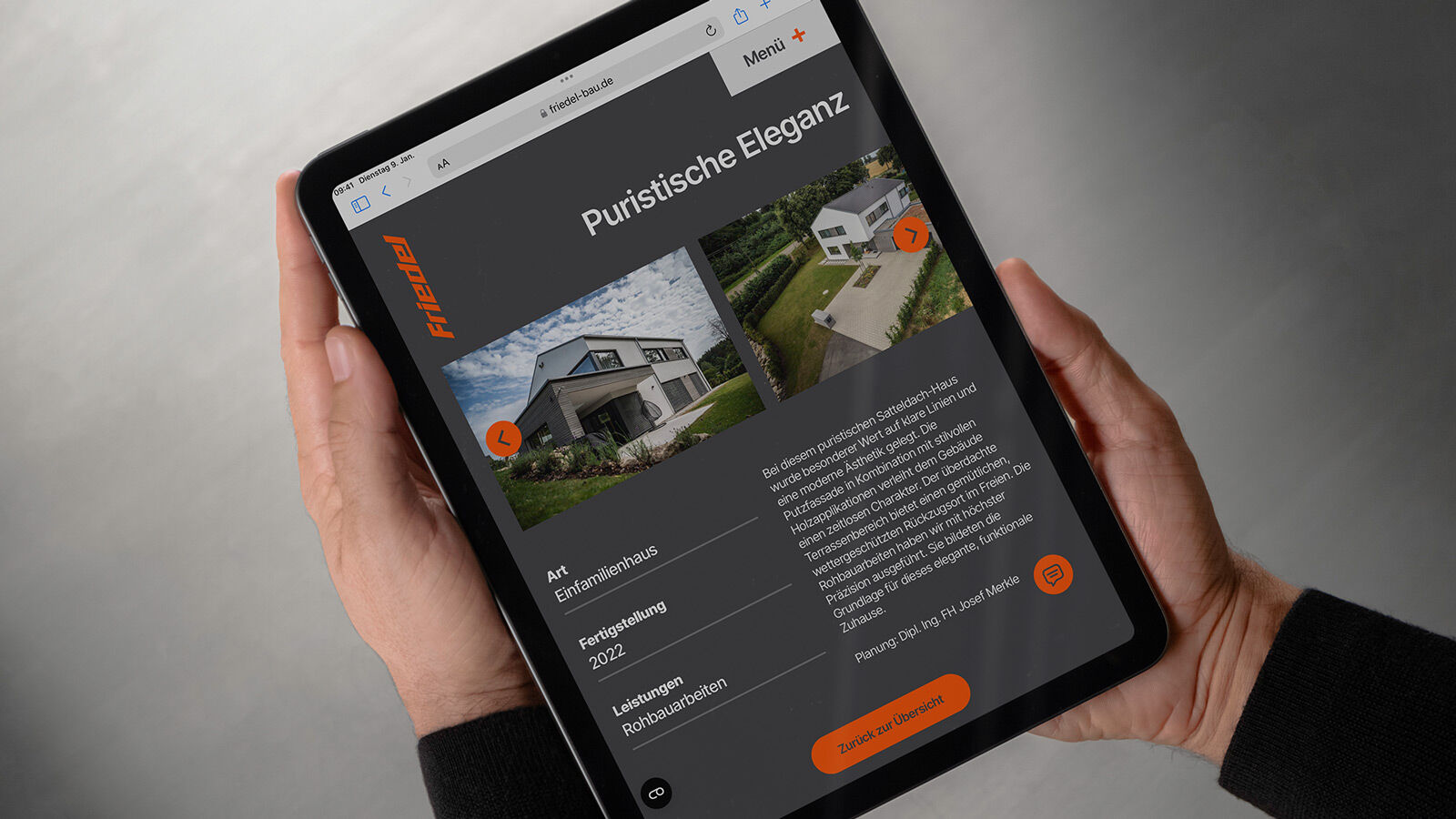 Friedel Bau – Website auf dem Tablet