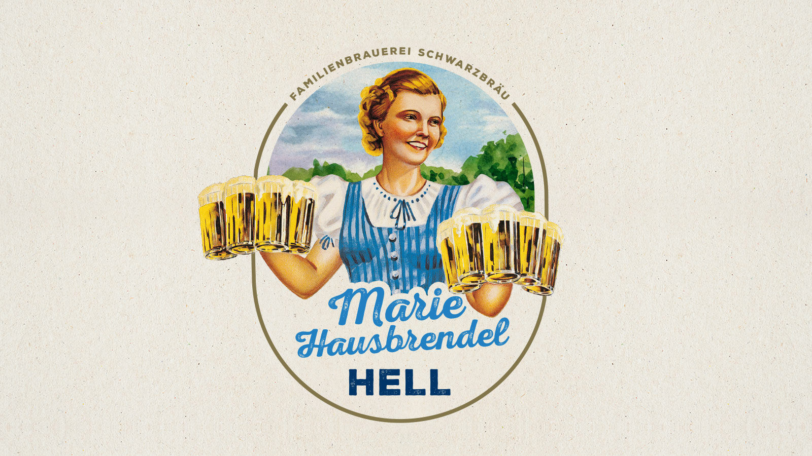 Das Etikett von Marie Hausbrendel Hell: eine illustrierte Frau im blauen Dirndl mit acht Maßkrügen.