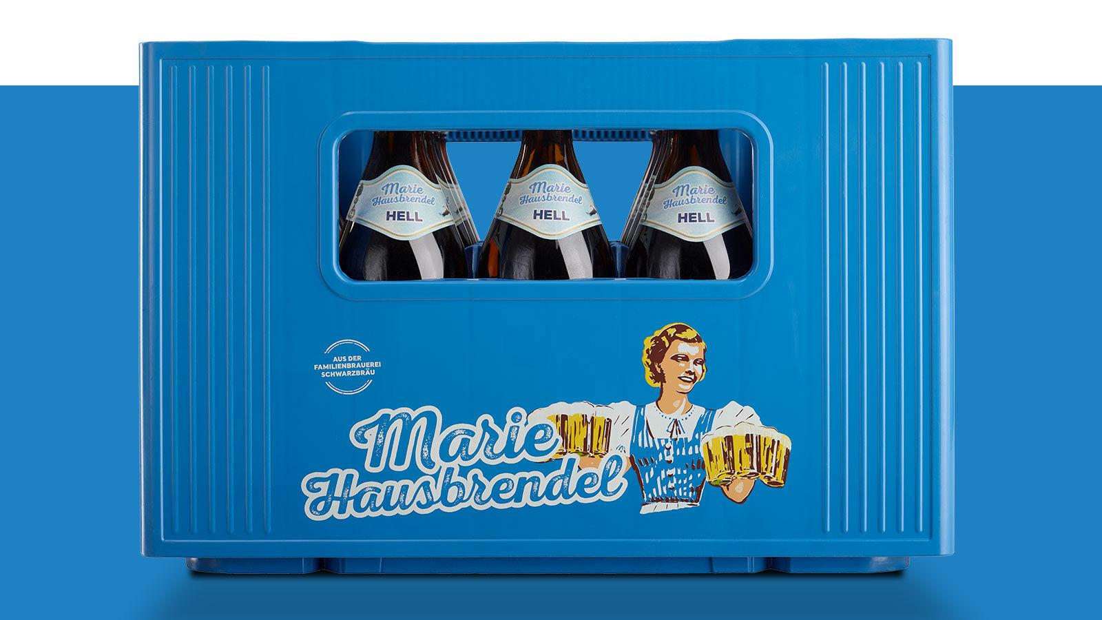 Blaue Bierkiste Marie Hausbrendel Hell mit der Illustration der Marie auf der Seite.