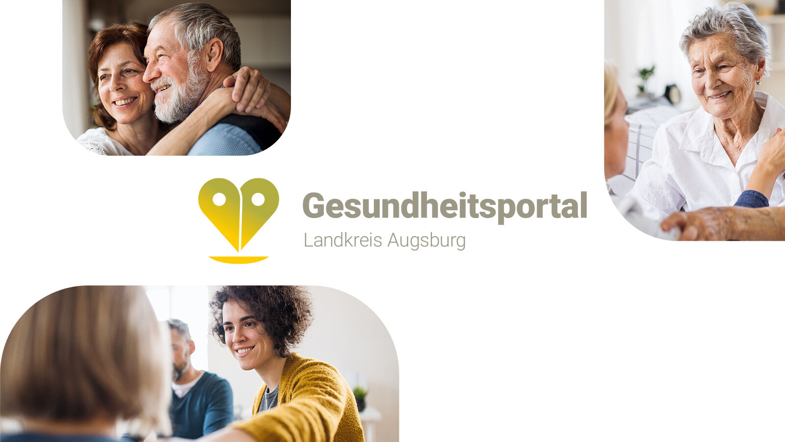 Logo des Gesundheitsportals Landkreis Augsburg als gelber Kartenpin, umgeben von Bildern aus Pflege und Beratung.