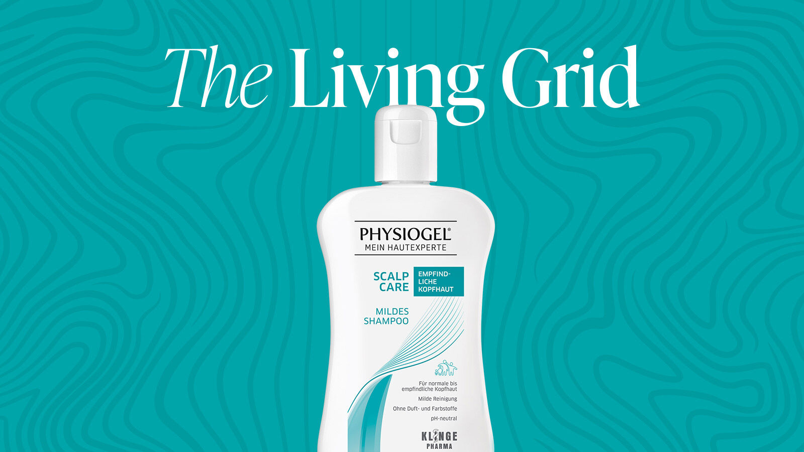 PHYSIOGEL Scalp Care Shampoo vor türkisem Grund mit Linienmuster und der Zeile „The Living Grid“.