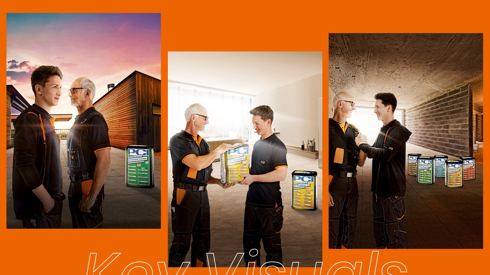 Key Visuals der PCI-Flexmörtel-Kampagne: zwei Handwerker mit Produktsäcken in drei Raumsituationen auf Orange.