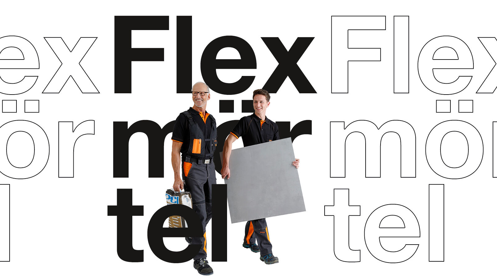 Kampagnenmotiv der PCI-Flexmörtel-Linie: zwei Handwerker mit Sack und Fliese vor dem Schriftzug „Flexmörtel“.