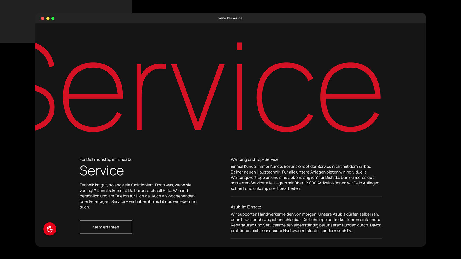 Serviceseite der kerker-Website: das Wort „Service“ überformatgroß in Rot auf schwarzem Grund.