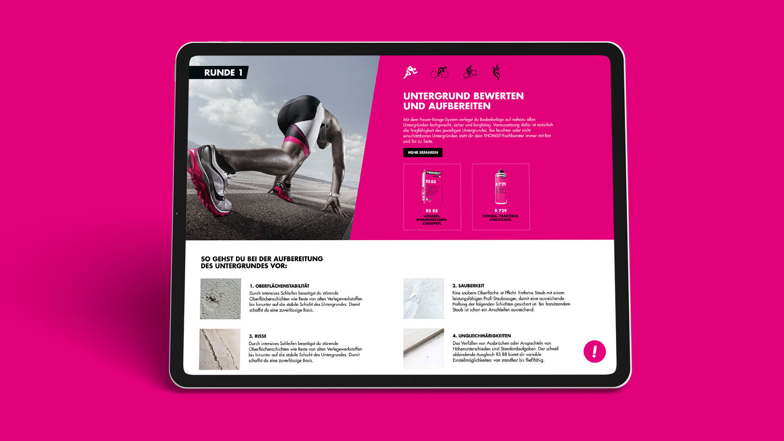 Tablet zeigt die THOMSIT-Power-Range-Landingpage: „Runde 1 – Untergrund bewerten und aufbereiten“ mit Sprinterin am Start.