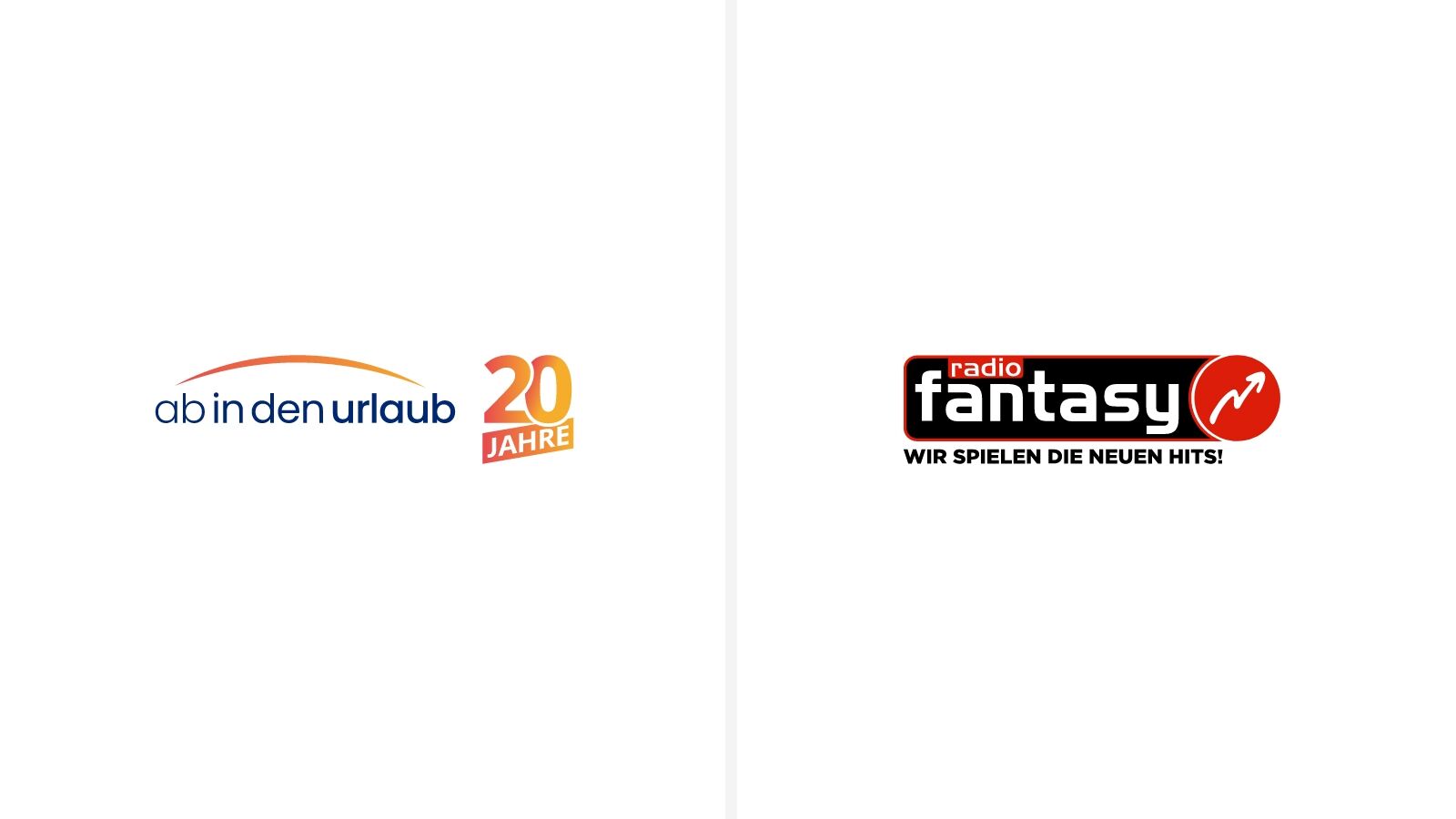 Logos von zwetschke: „ab in den urlaub“ mit Jubiläumszeichen 20 Jahre und radio fantasy mit rotem Signet.