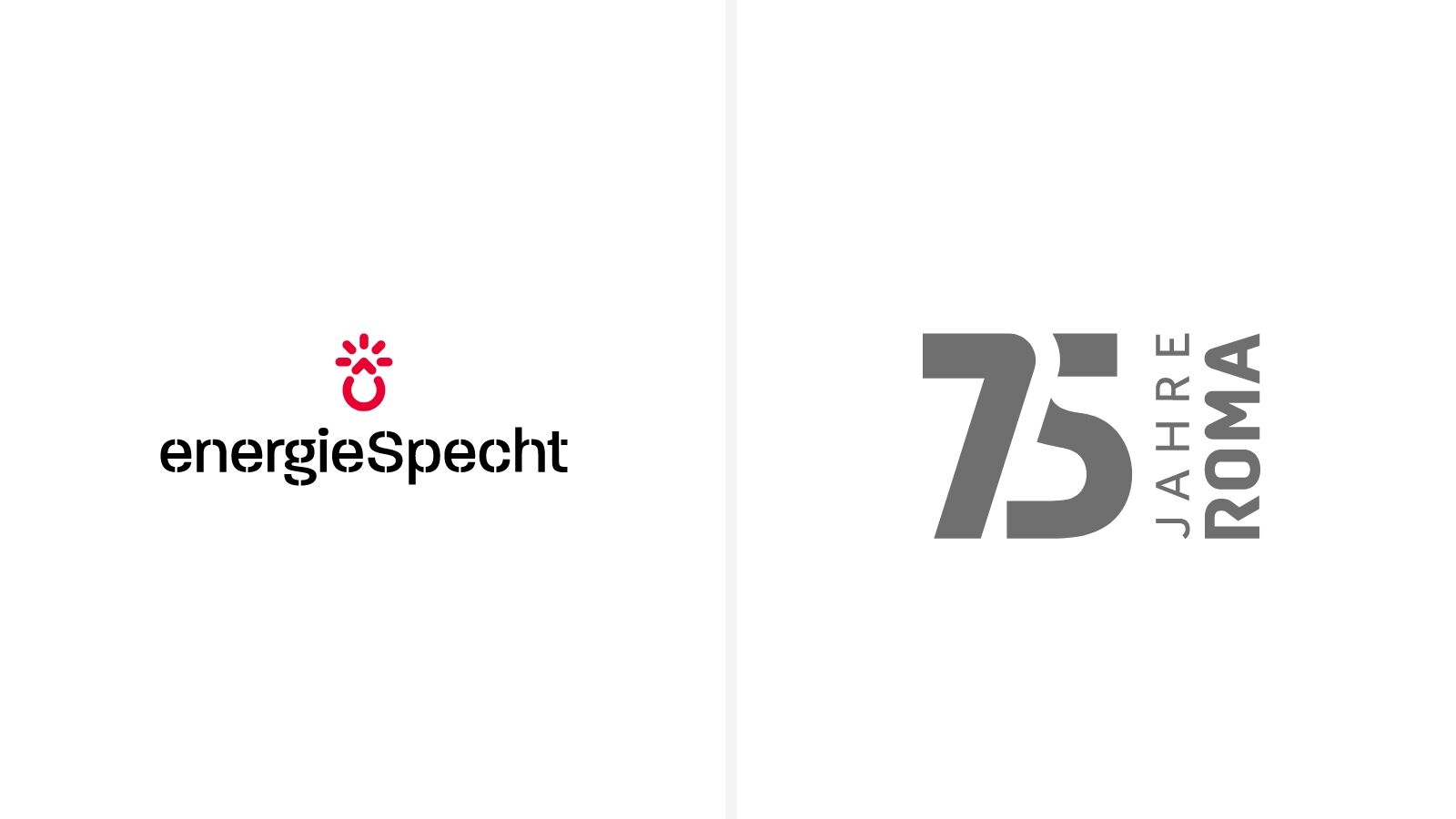 Logos von zwetschke: energieSpecht mit rotem Spechtsignet und das Jubiläumslogo 75 Jahre ROMA.