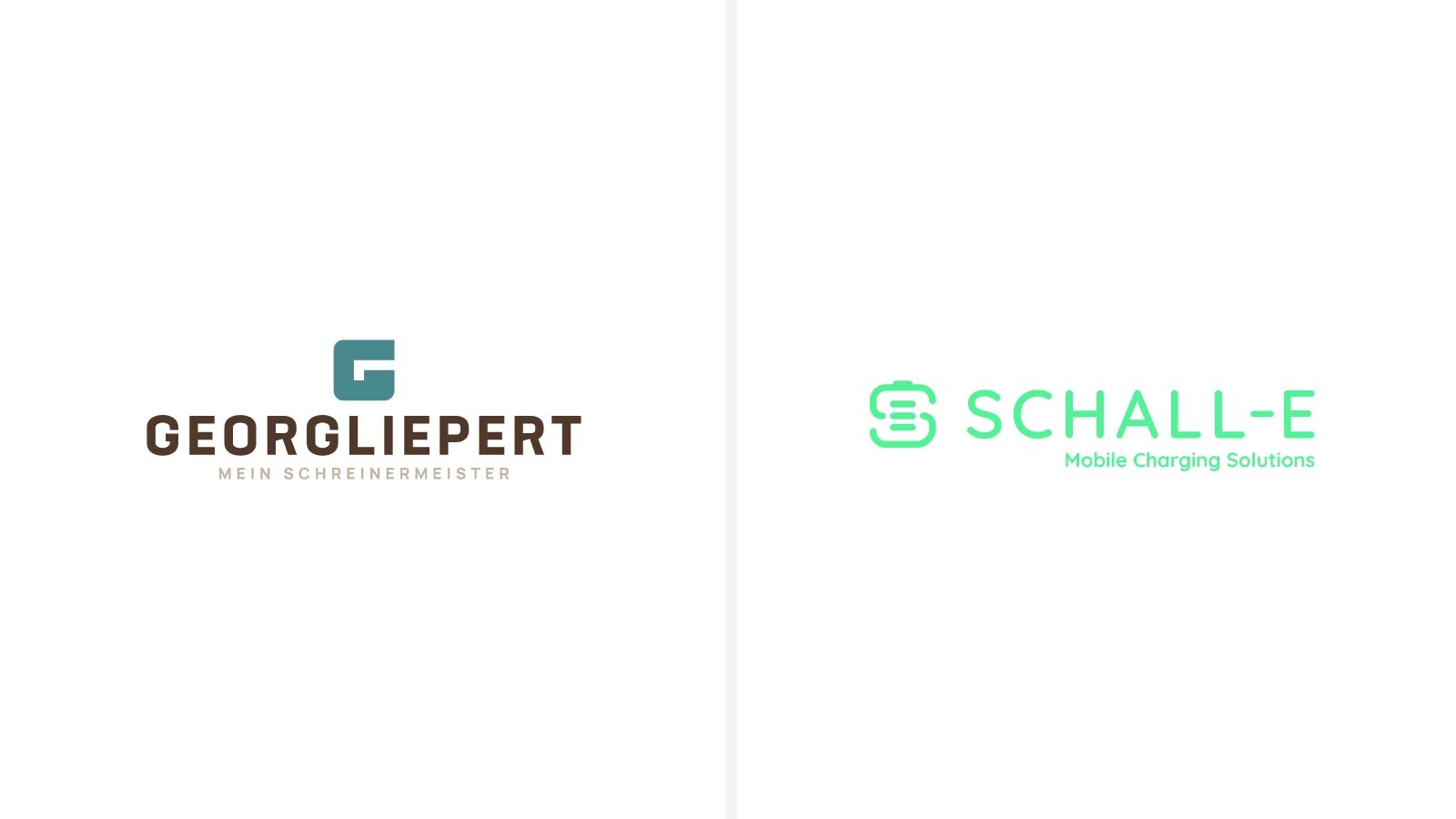 Logos von zwetschke: Schreinermeister Georg Liepert mit G-Signet und SCHALL-E Mobile Charging Solutions in Grün.