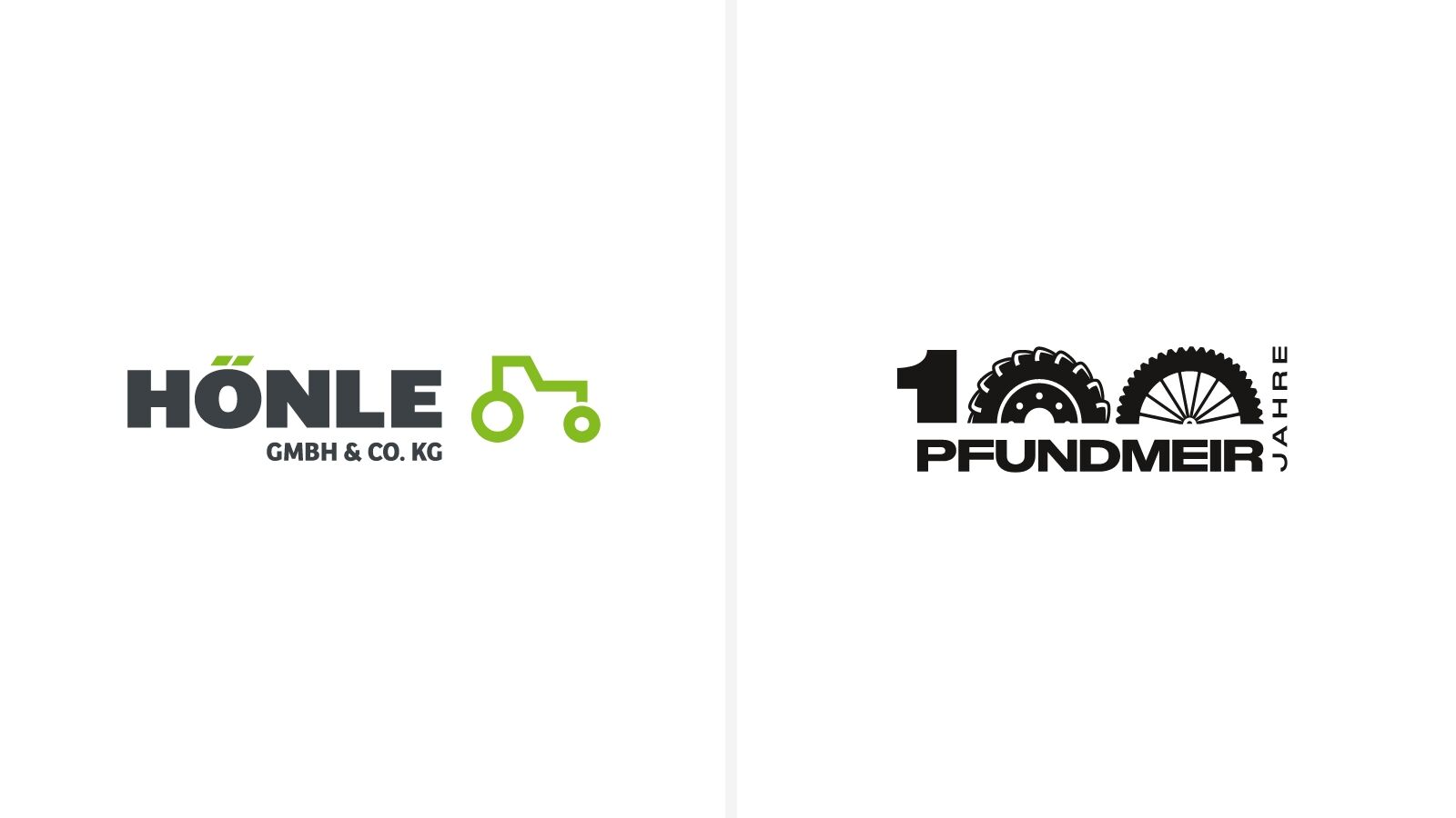 Logos von zwetschke: Hönle mit grünem Traktorsignet und 100 Jahre Pfundmeir, dessen Nullen zwei Reifen bilden.