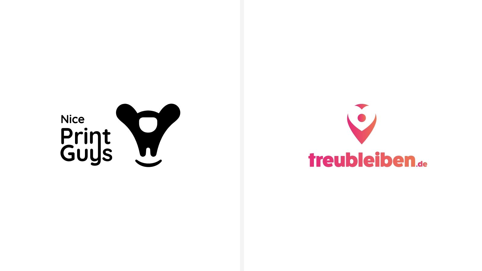 Logos von zwetschke: Nice Print Guys mit schwarzem Gorillasignet und treubleiben.de als Kartennadel im Farbverlauf.