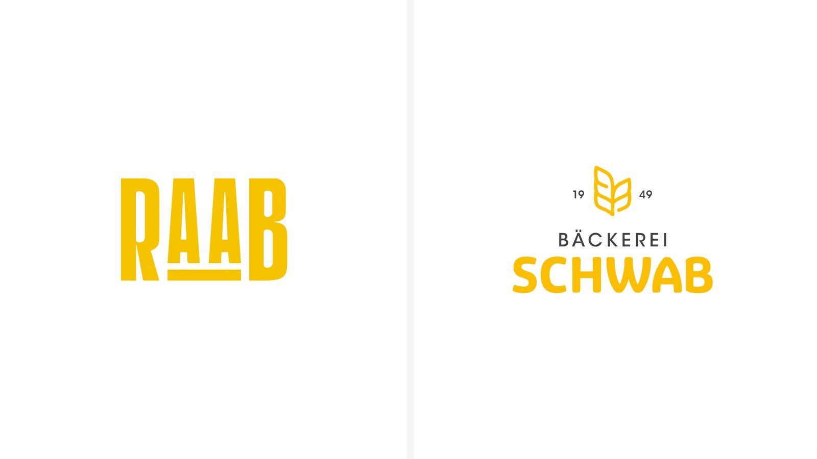 Logos von zwetschke: RAAB in kräftigem Gelb und Bäckerei Schwab mit Ährensignet und Jahreszahl 1949.