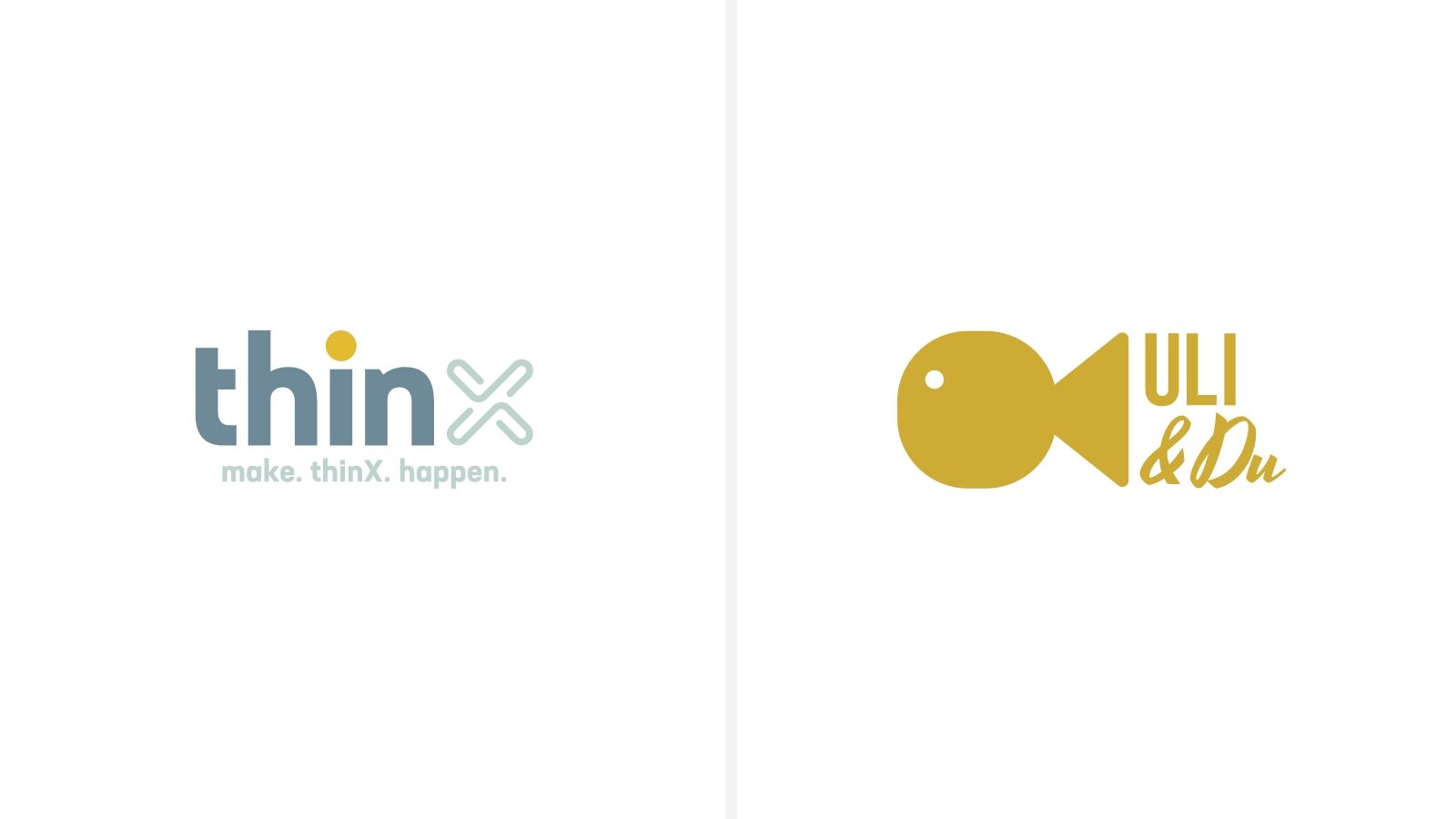 Logos von zwetschke: thinX mit dem Zusatz „make. thinX. happen.“ und Uli & Du mit gelbem Fischsignet.