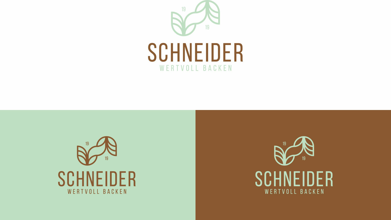 Das Schneider-Logo „Wertvoll backen“ mit Ährensignet in drei Farbfassungen: auf Weiß, Grün und Braun.