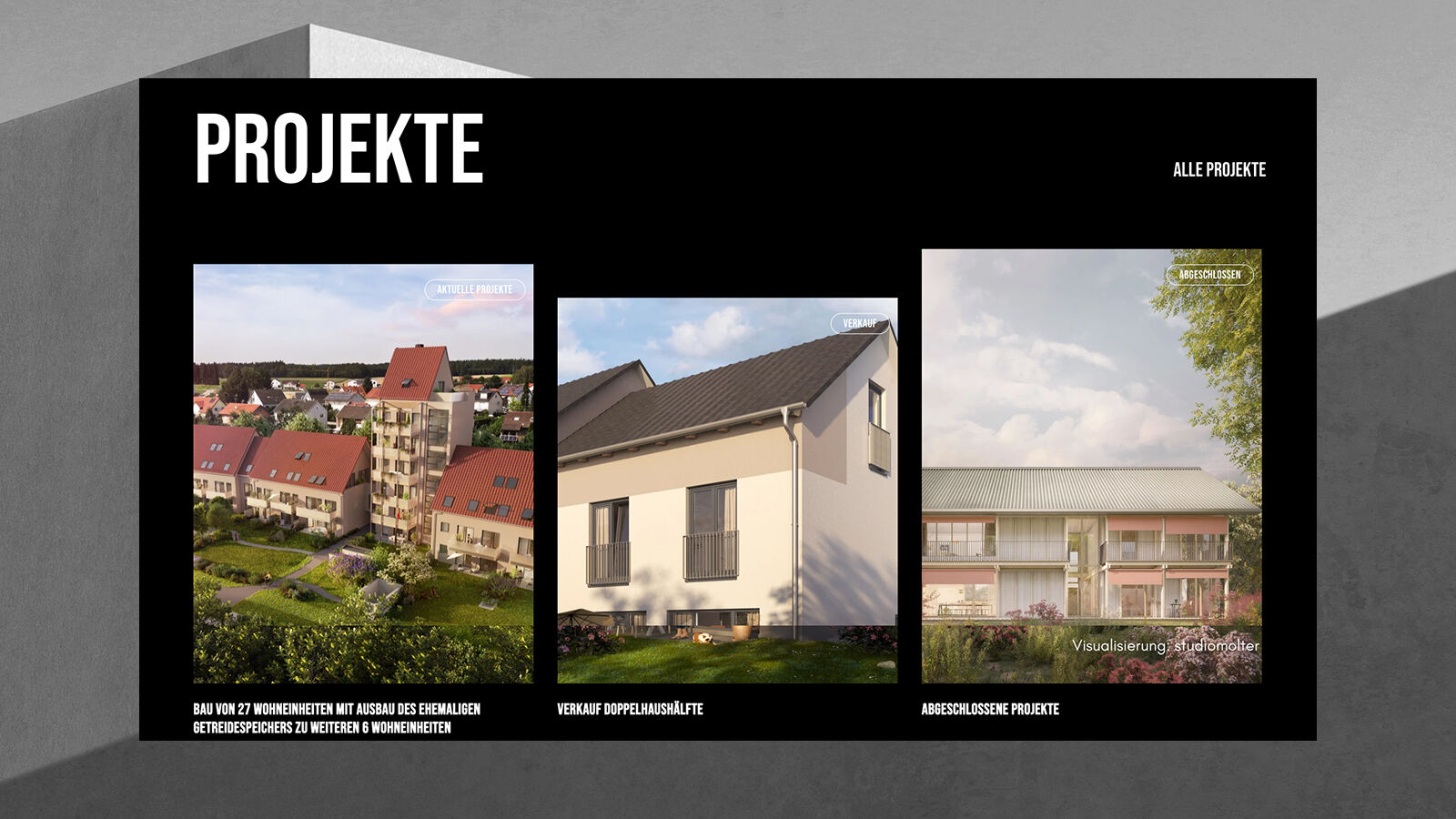 Projektübersicht auf osterried.immo mit drei Visualisierungen und ihrem Status von aktuell bis abgeschlossen.