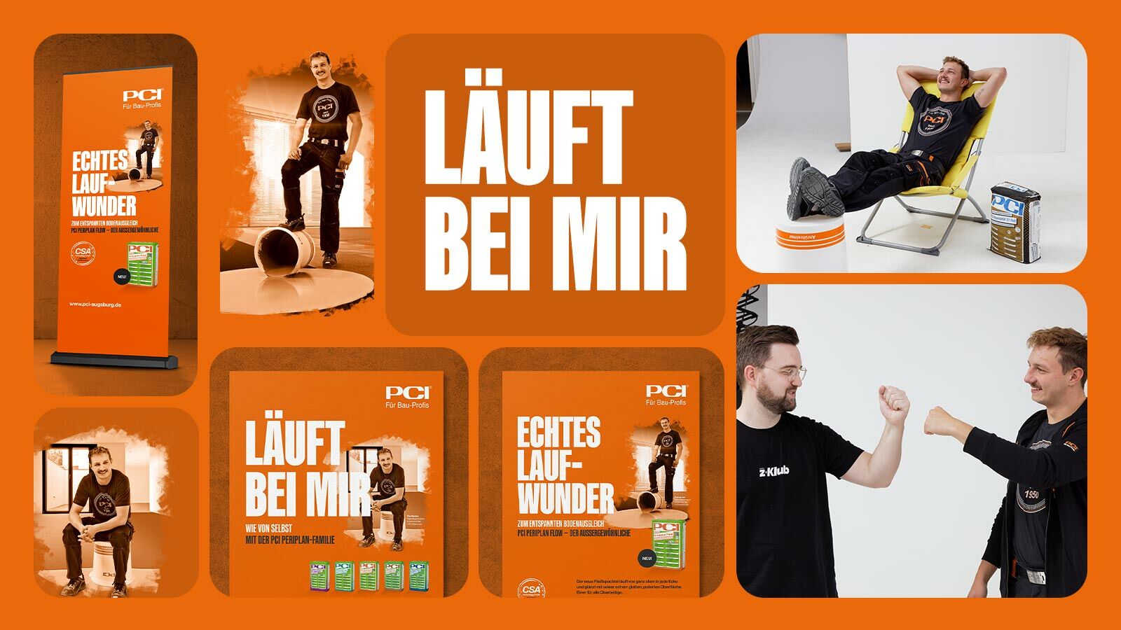 PCI-Jahreskampagne „Läuft bei mir“ für Periplan Flow: Rollup, Anzeigen und Handwerkermotive in Orange.