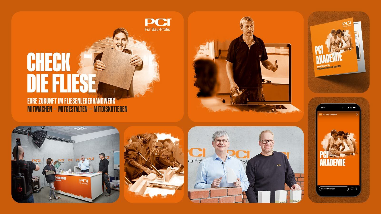 PCI-Nachwuchskampagne „Check die Fliese“: Anzeigen, Akademie-Programm und Social-Story fürs Fliesenlegerhandwerk.