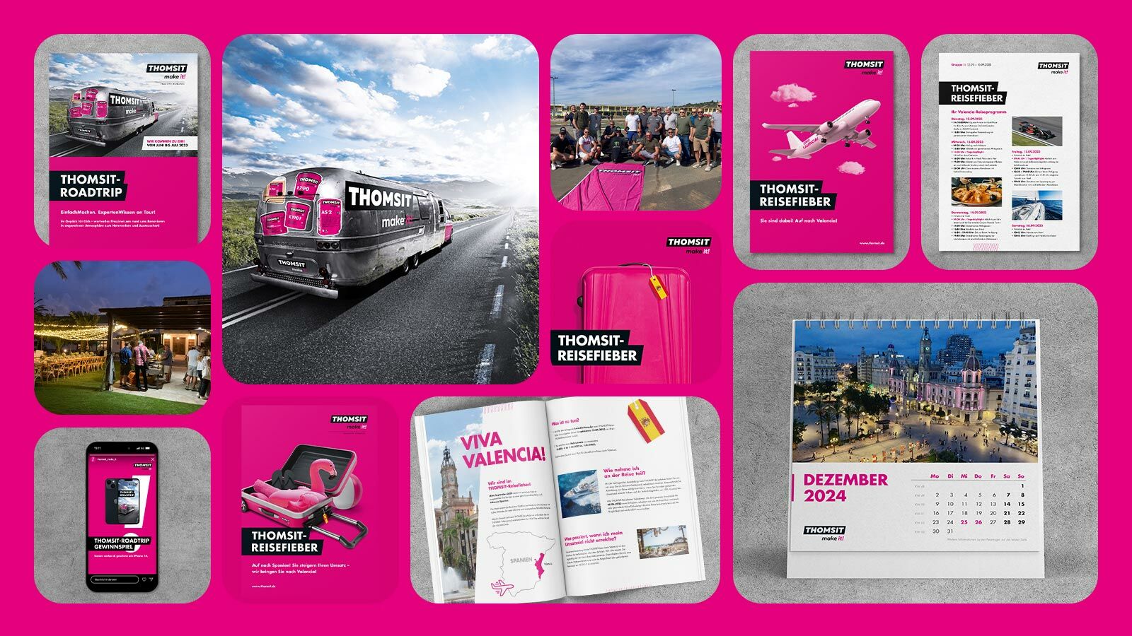 THOMSIT-Händlerkommunikation in Pink: Roadtrip-Airstream, Reisefieber-Aktion nach Valencia und Tischkalender.