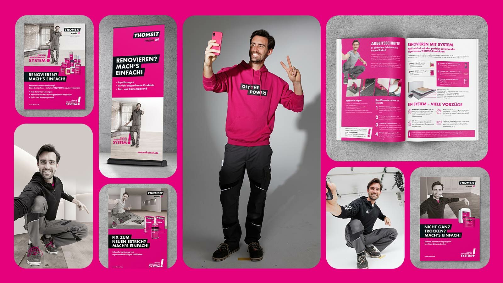THOMSIT-Renovierkampagne „Renovieren? Mach’s einfach!“: Rollup, Broschüren und Handwerker im pinken Hoodie.
