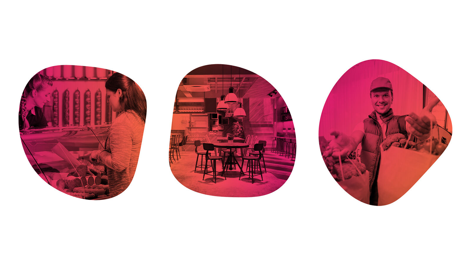 Drei organische Bildformen von treubleiben.de in Rot und Pink: Metzgereitheke, leeres Lokal und ein Lieferant mit Tüte.