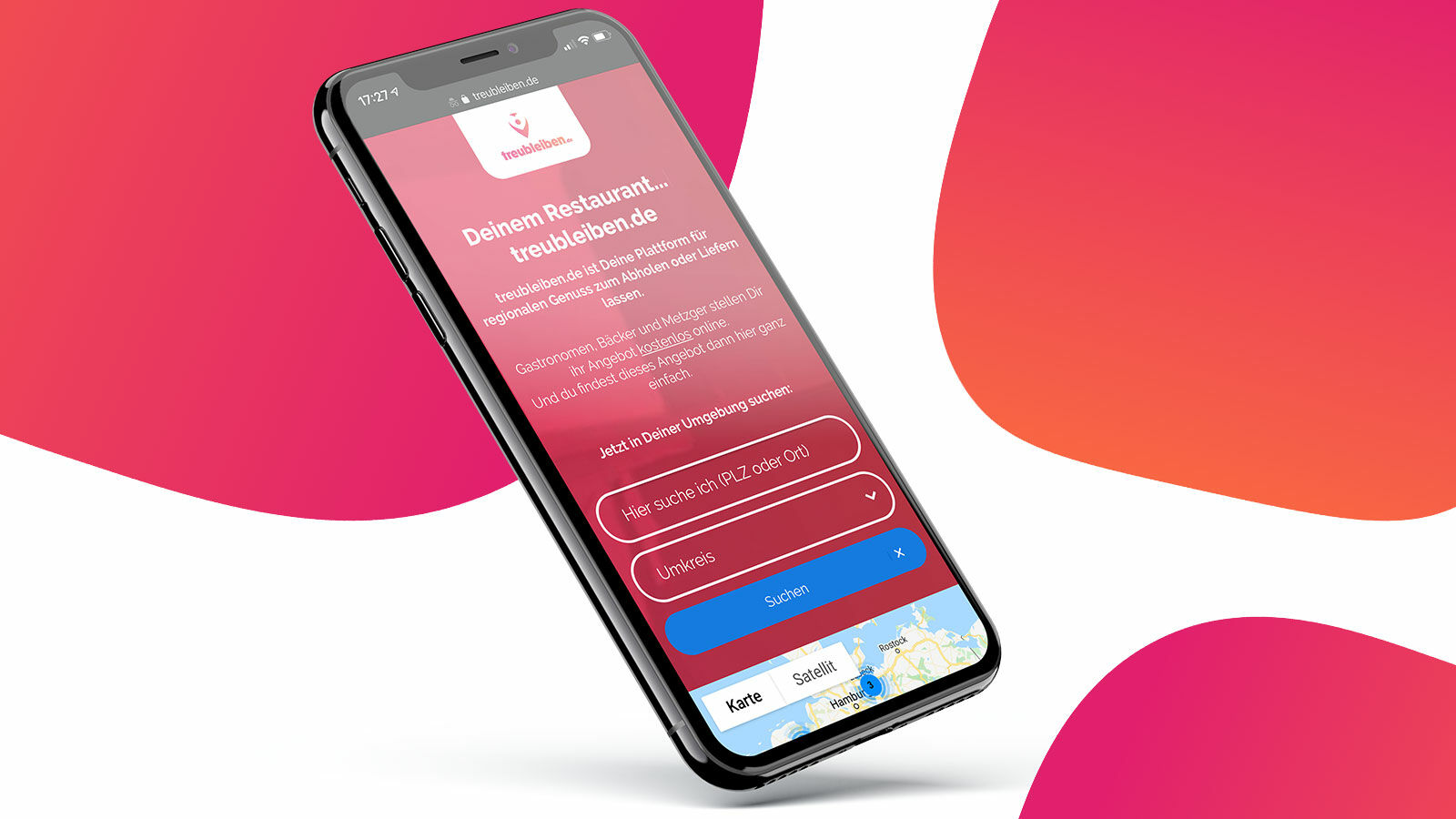 iPhone zeigt die mobile Ansicht von treubleiben.de mit Umkreissuche und Karte.